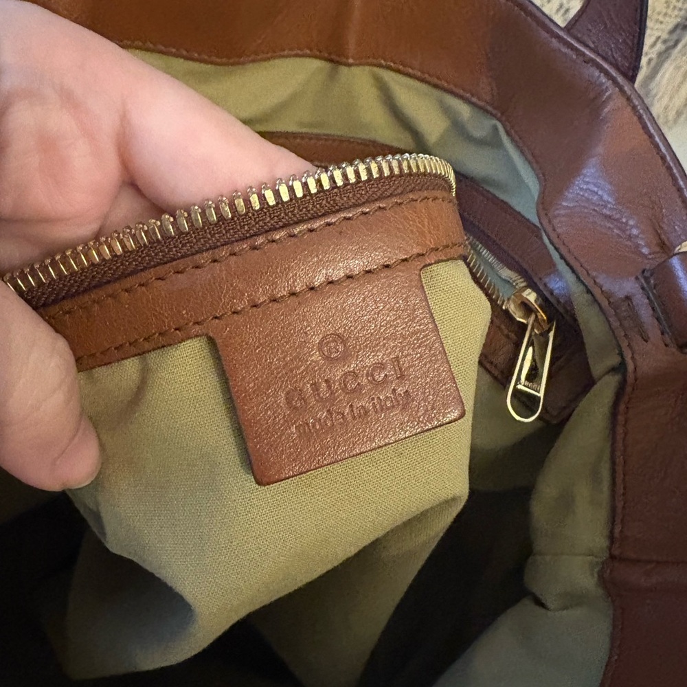 GUCCI Tan and Brown Canvas Tote with Red and Green Stripe - Picture 3 of 6